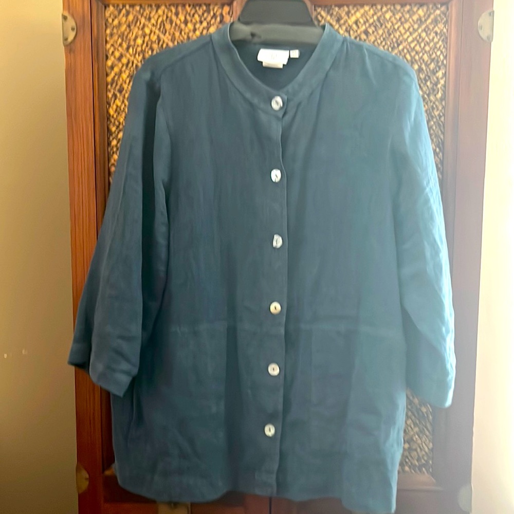 Hot cotton, linen, navy blue round collar jacket